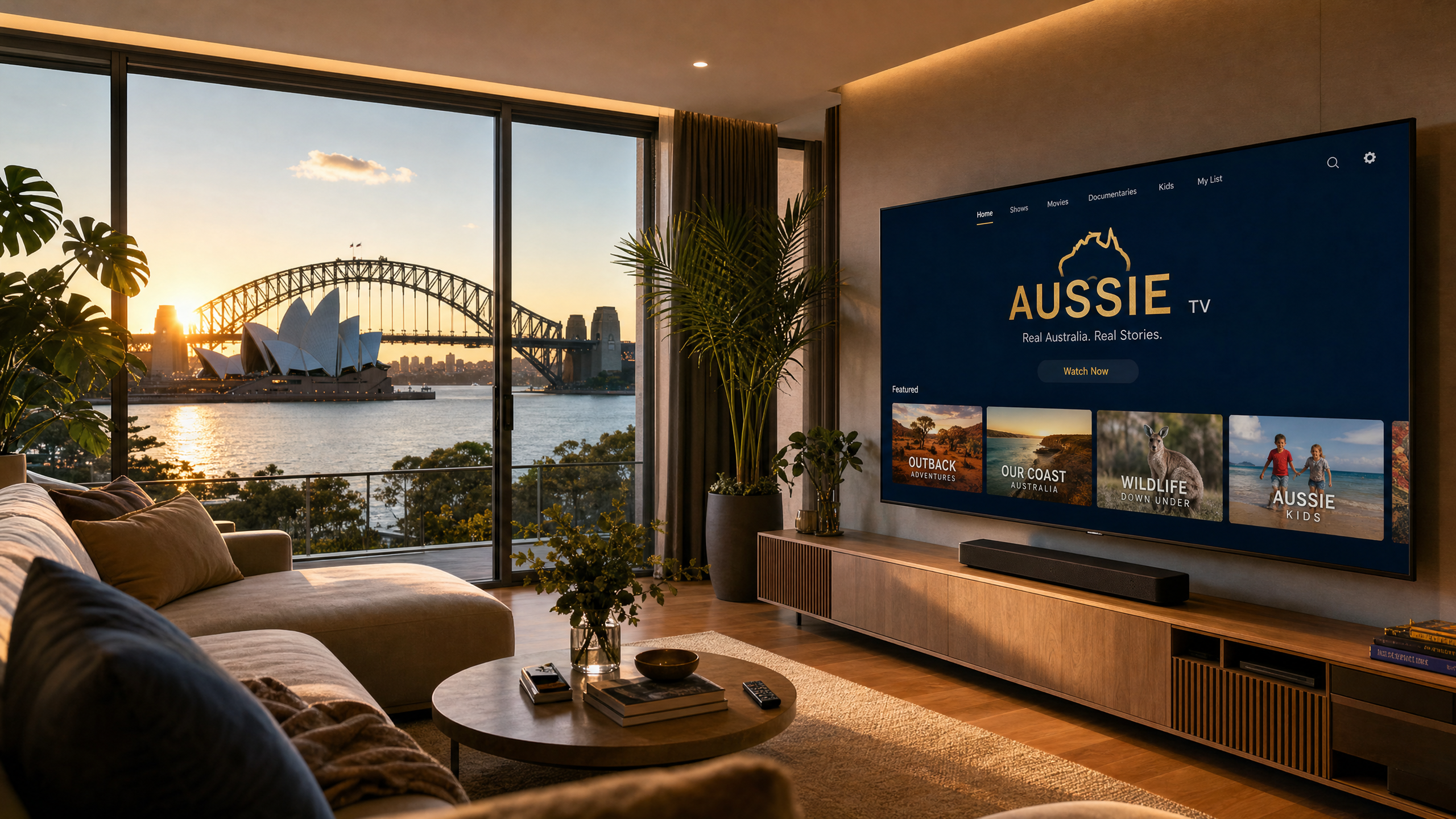 Launch a TV channel in Australia — branded streaming channel on smart TV with Sydney Harbour view
